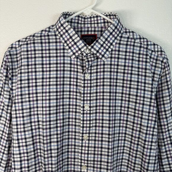 Untuckit Salento White Navy Plaid Button Up Long Sleeve MEDIUM Wrinkle Free - Picture 3 of 10